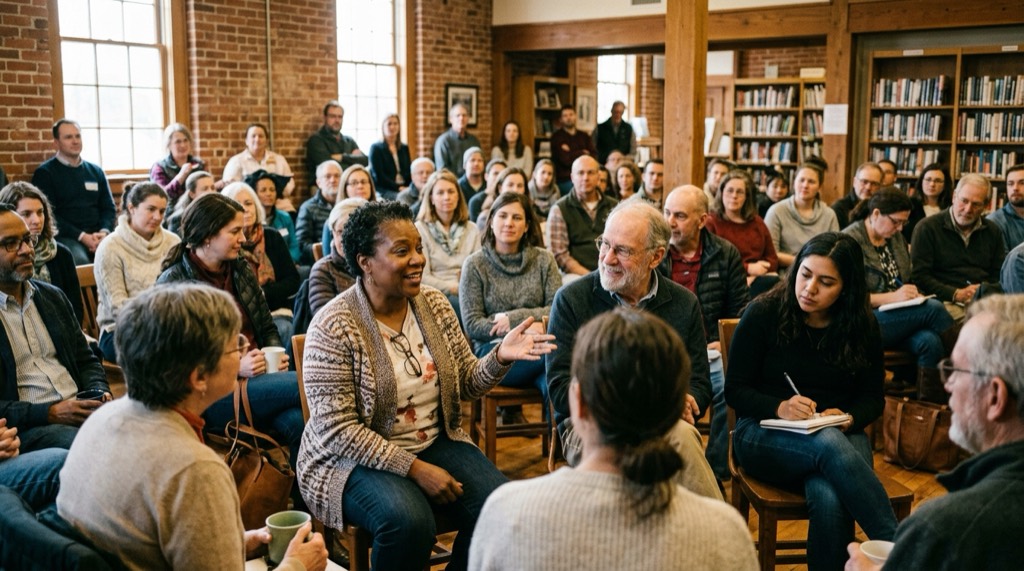 Neighbors seated in a wide circle in a brick-walled community room lined with bookshelves, listening as a woman speaks.